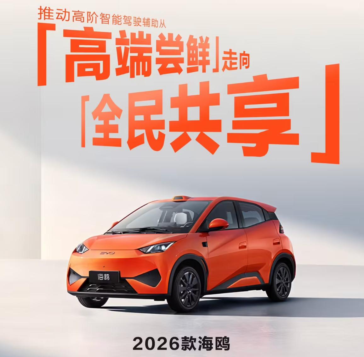 代步出行的小车，就是专业上A0级车型一样也上激光雷达，比亚迪 海鸥上市的指导价格