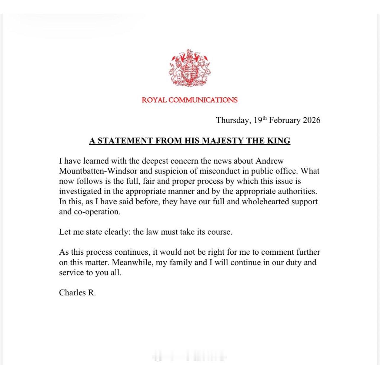 听闻弟弟被捕，老查发表最新声明：得知Andrew Mountbatten-Win