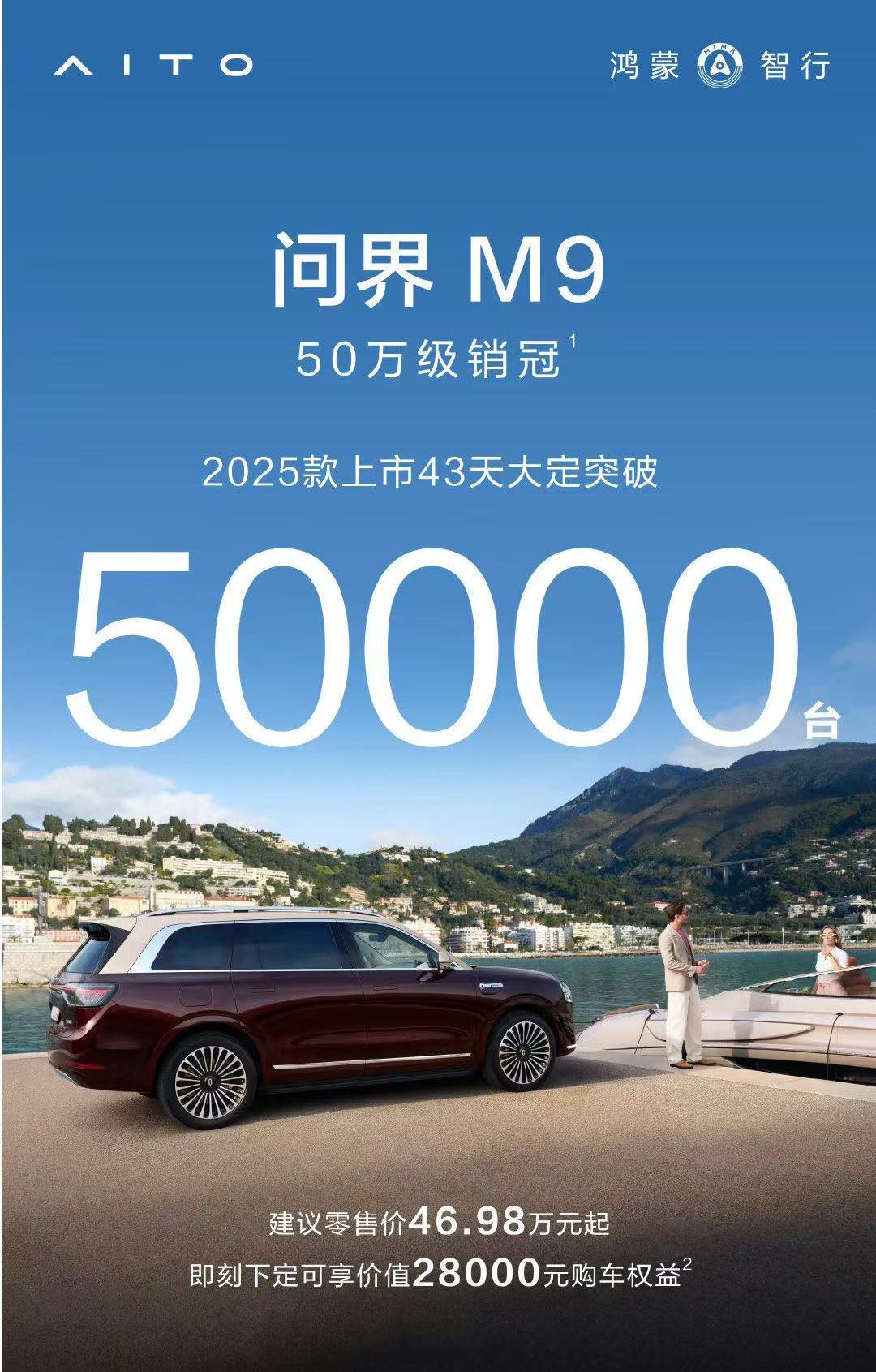 恭喜新问界m9 上市43天大定突破50000台，不愧是五十万元级别销冠实力，不断