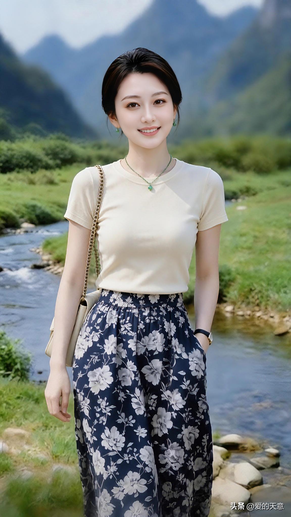 浅米色短袖搭配藏青碎花长裙，站在山间小溪旁。清风拂过，远山如画，静静享受这份山野