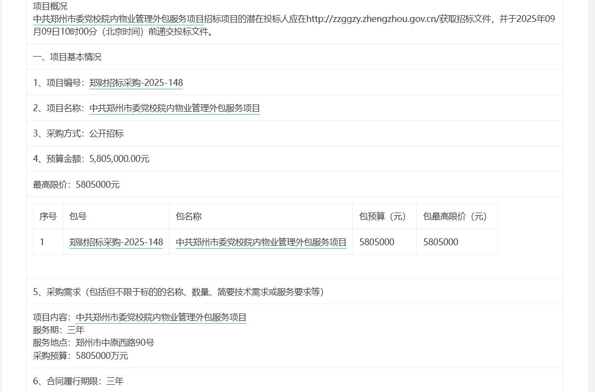城市观察员中共郑州市委党校院内物业管理外包服务项目，总预算580.5万元，服务期
