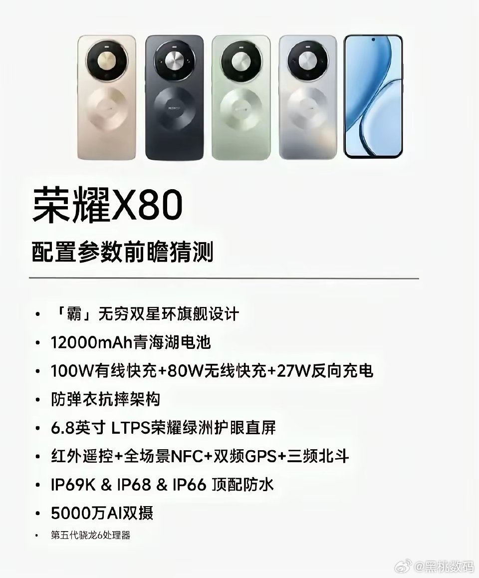 荣耀 X80 搭载12000mAh大容量电池，充电系统支持100W有线快充、80