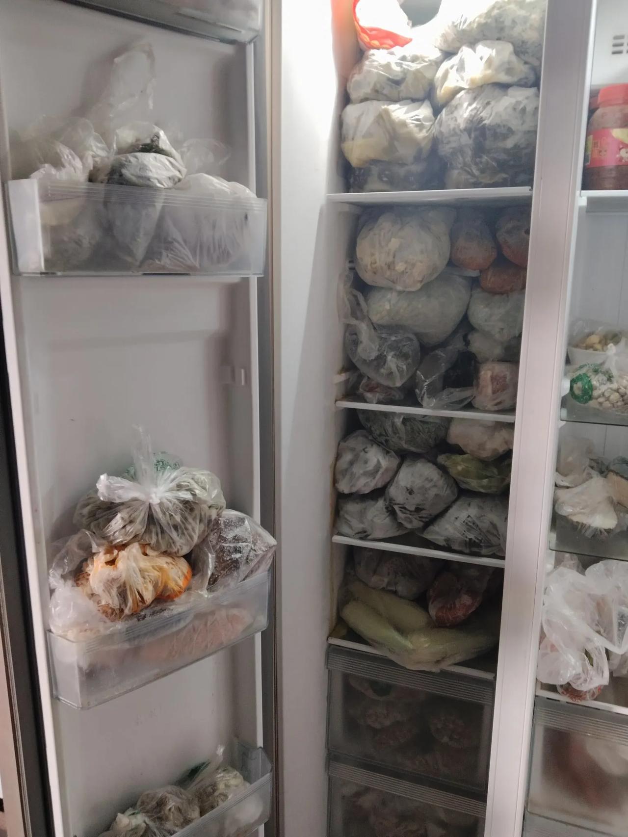 天呐！
回老家打开冰柜直接震惊了！

满满当当塞得严严实实，全是塑料袋裹着的一坨