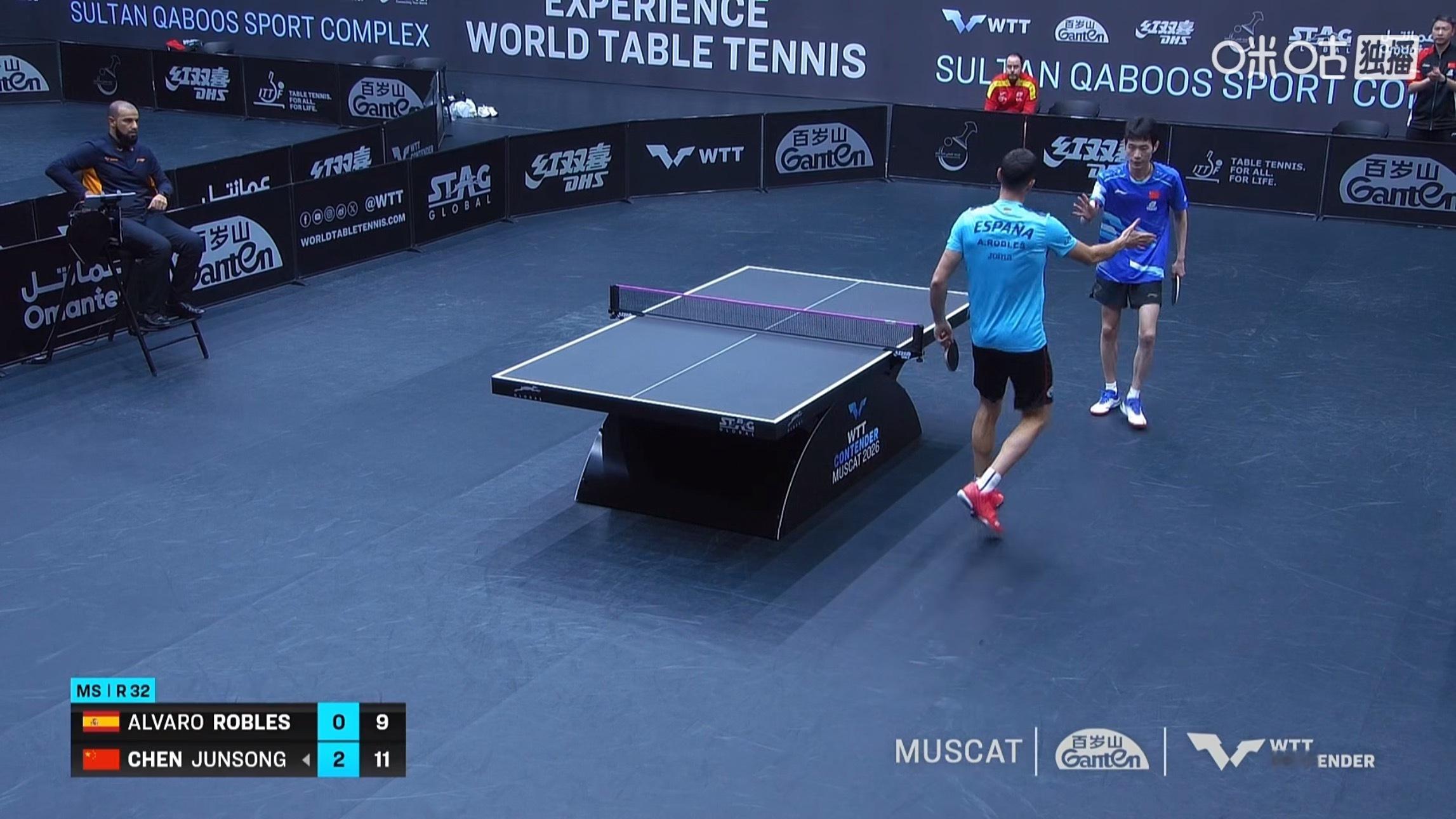 陈俊菘3比0罗布勒斯(11-5，12-10，11-9)晋级WTT常规挑战赛马斯喀