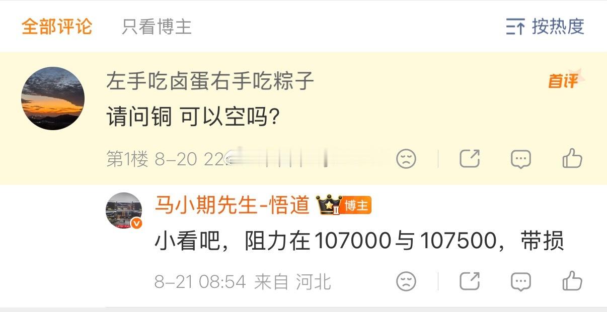 小圈子朋友都有问铜：一早也回复微博朋友！107500是日量阻力位是小马哥独创的三