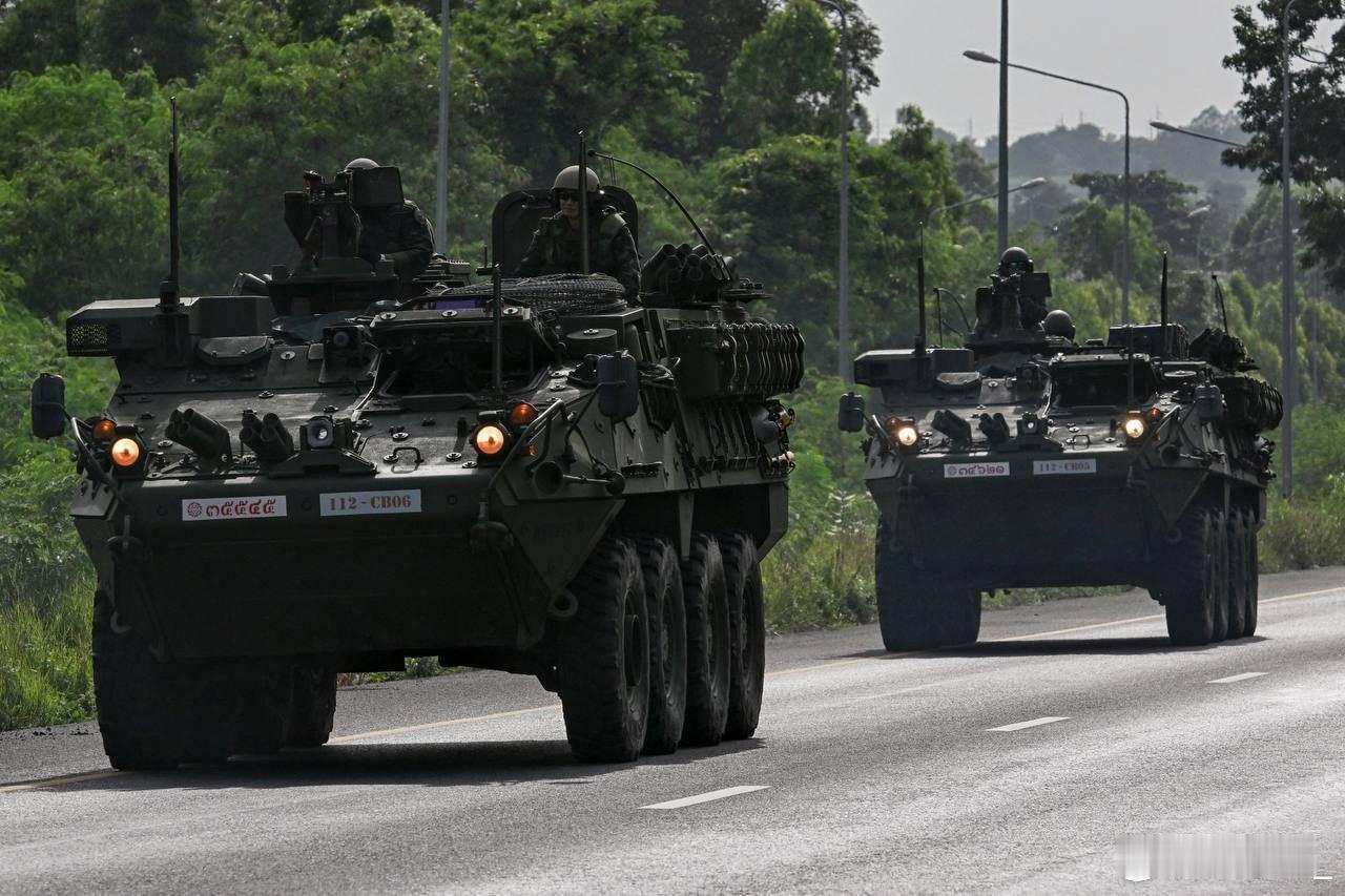 泰国陆军 M1126“斯特赖克”轮式步战车正在向柬埔寨边境开进：泰国柬埔寨在边境