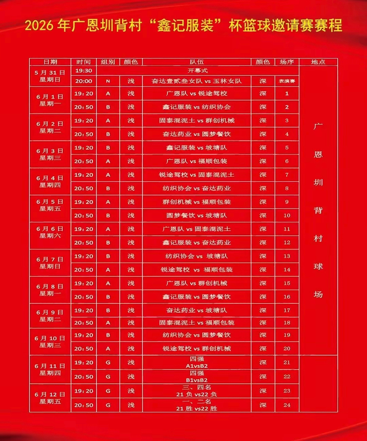 🏀球讯：5月31日，玉林广恩圳背村篮球赛！欢迎广大群众前来观看！⏰5月31日周