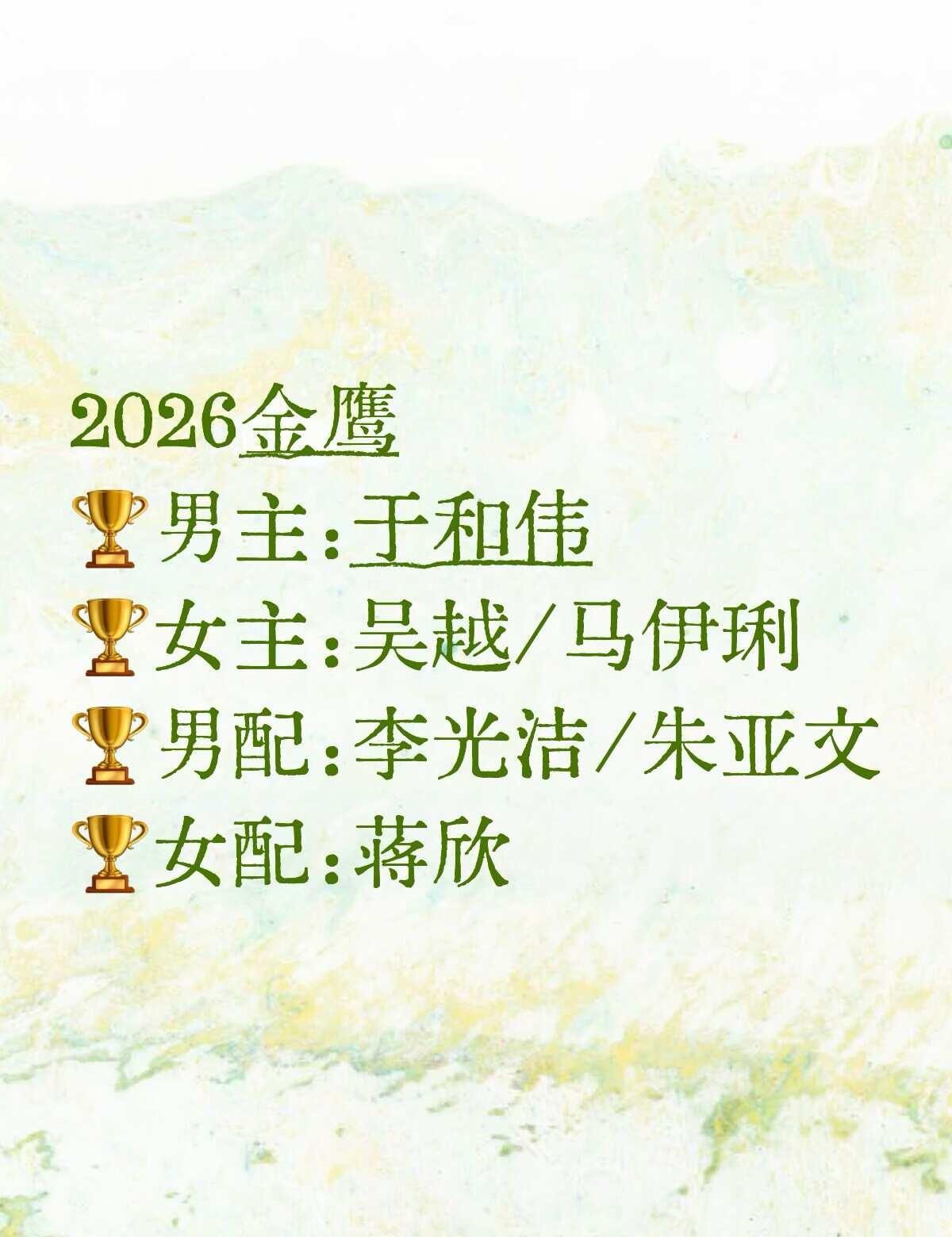 第33届金鹰奖｜个人预测
于和伟：4提0中｜29、31、32、33届，3连提；