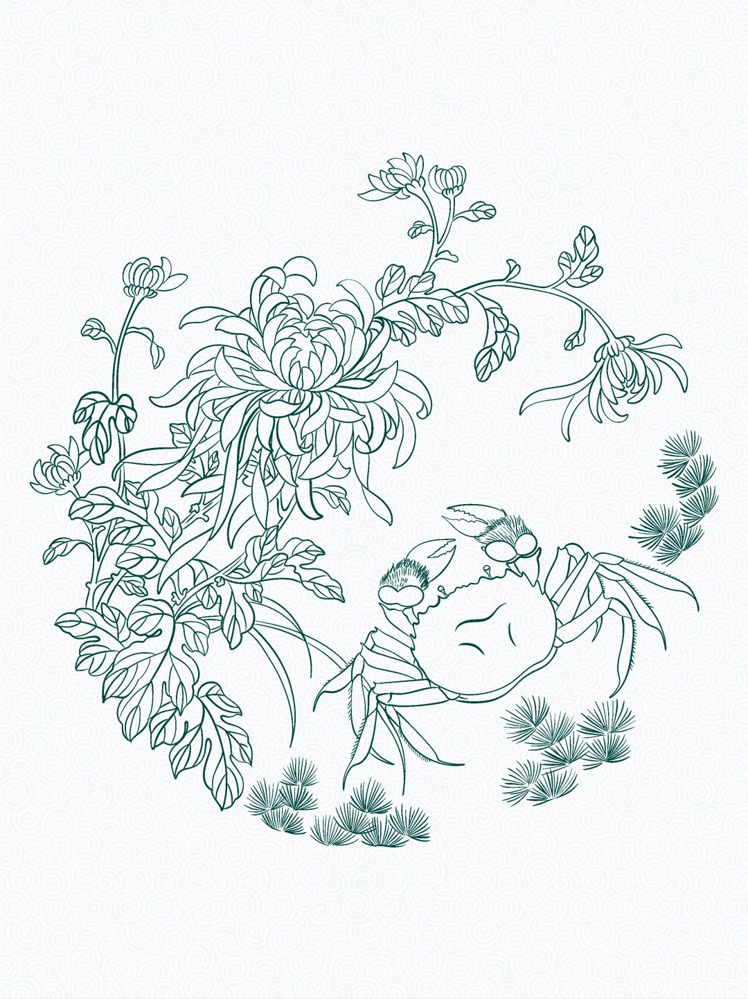 传统图案纹样【螃蟹菊花纹】