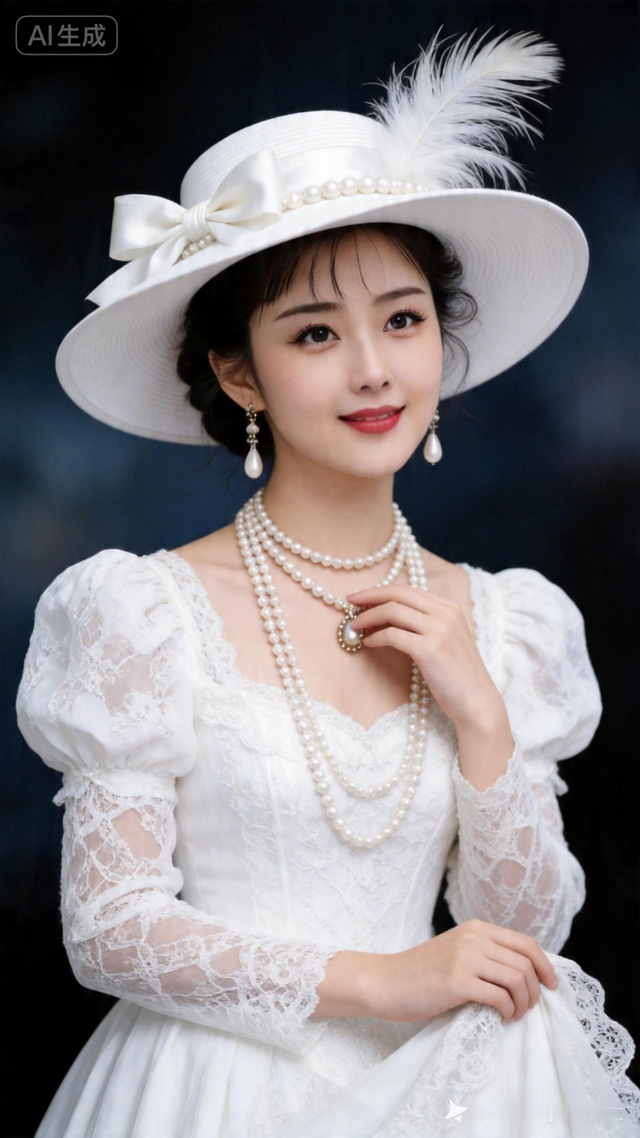 身着白蕾丝拼接泡泡袖复古长裙，头戴缀珍珠羽毛的宽檐礼帽，搭配全套珍珠首饰。暗调朦