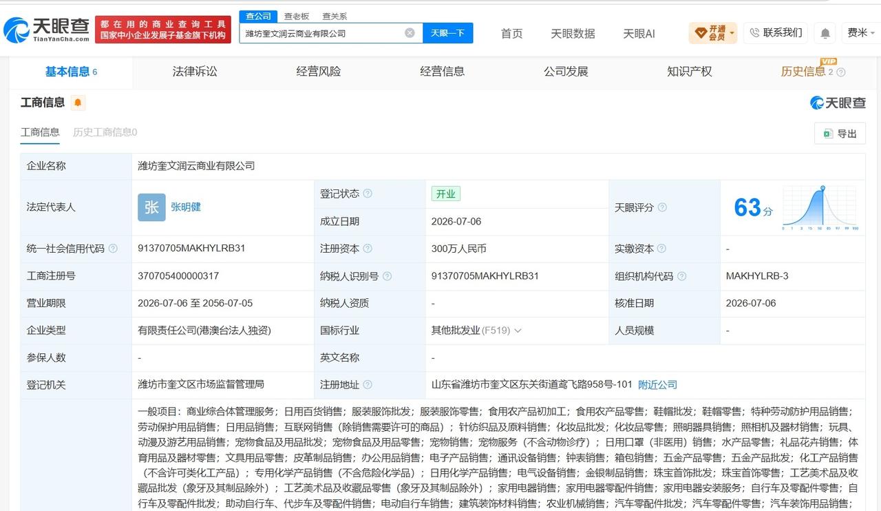 大润发在潍坊成立新商业公司 注册资本300万

天眼查App显示，近日，潍坊奎文