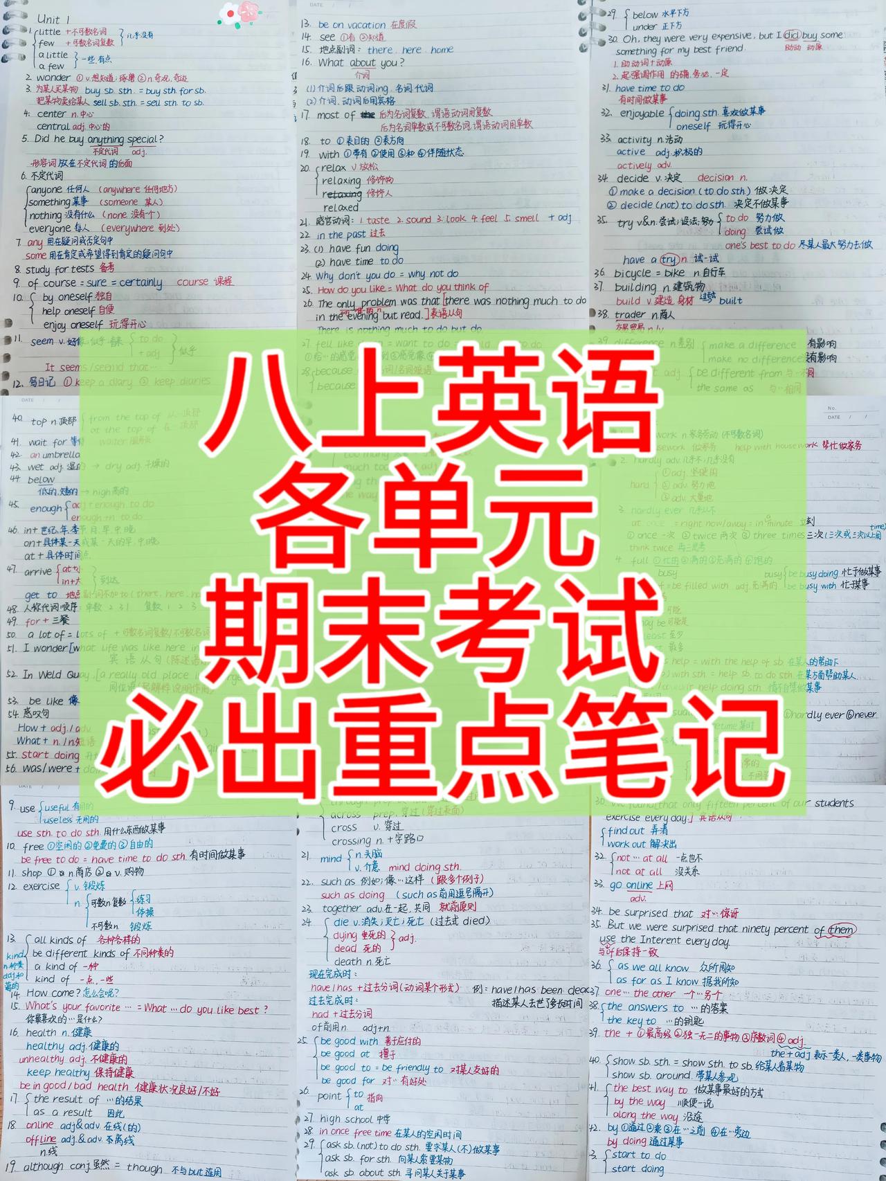 初二上学期英语，根据不同城市，不同版本编写的，各单元期末复习手写笔记，重点必出内