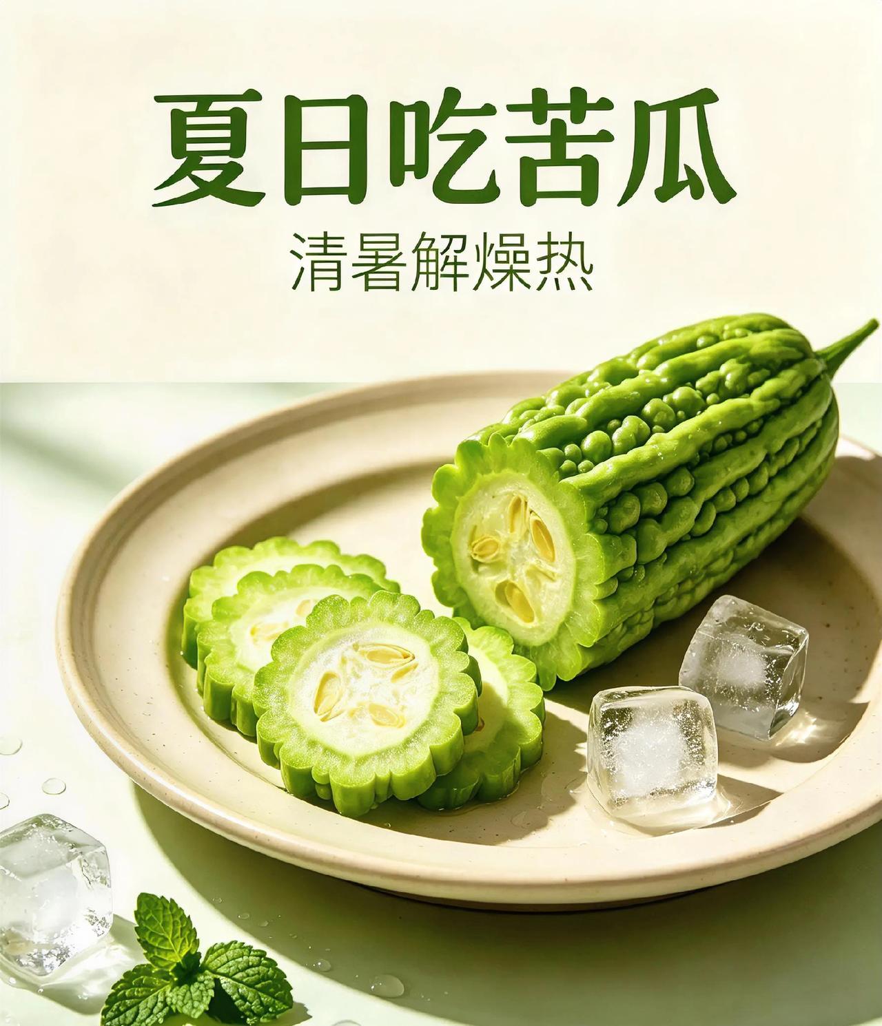 夏日吃苦瓜，
清暑解燥热
 
盛夏天气闷热，很容易心烦上火，日常不妨多吃点苦瓜。