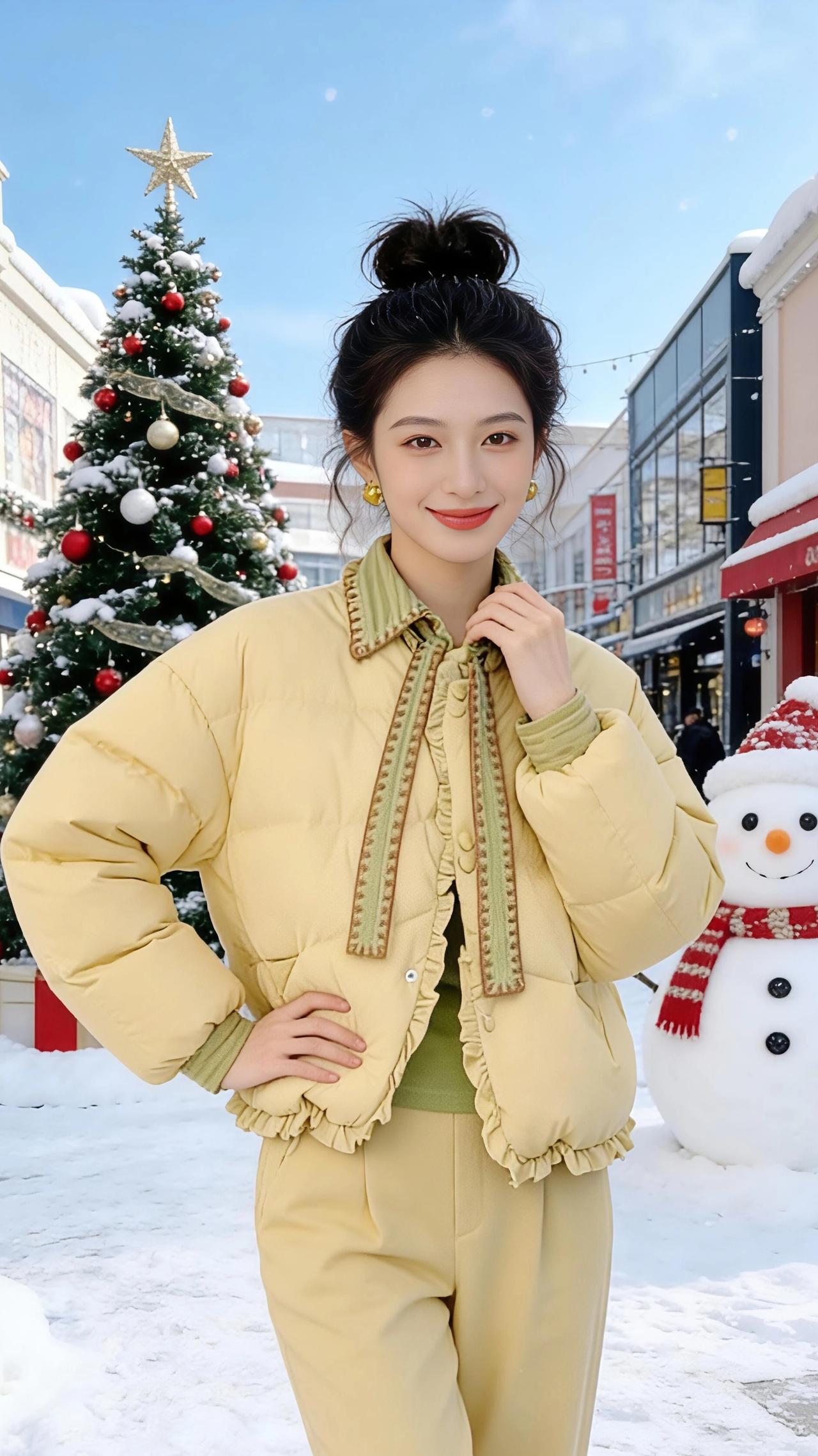 暖黄绒雪，圣诞序章
 
雪把商业街揉成了蓬松的奶油色，晴空蓝得像刚拆开的糖纸，风