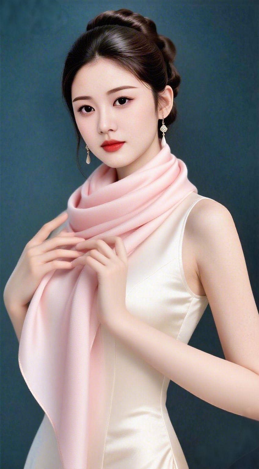 《粉绒栖柔光》
 
深青底色里，米白裙衫像晕开的月，裹着舒展的温静。她指尖轻理粉