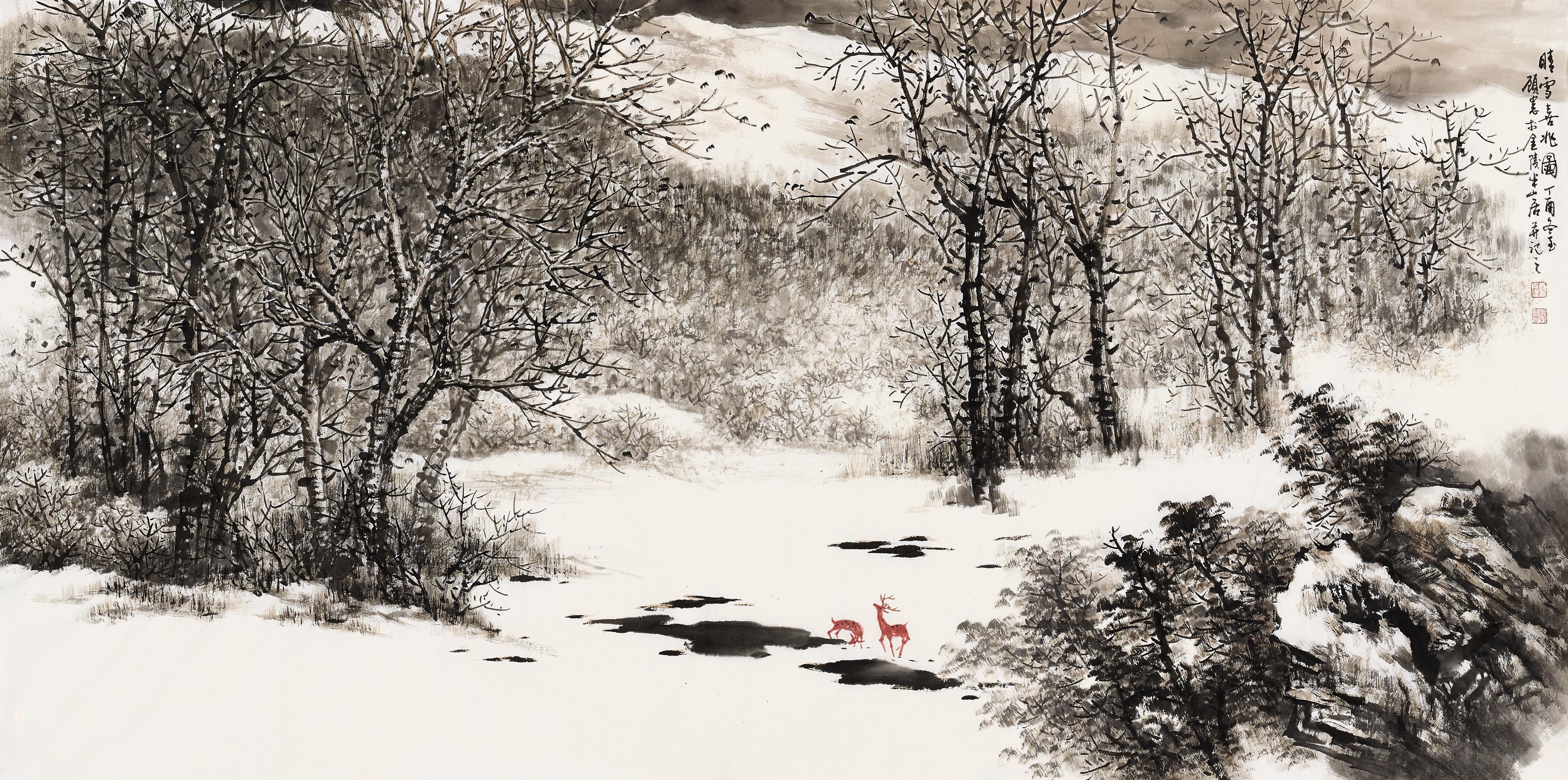 《墨林雪霁，红妆点寒》画家以大写意笔法绘冬日枯木，枝干苍劲挺拔，尽显严寒中的风骨