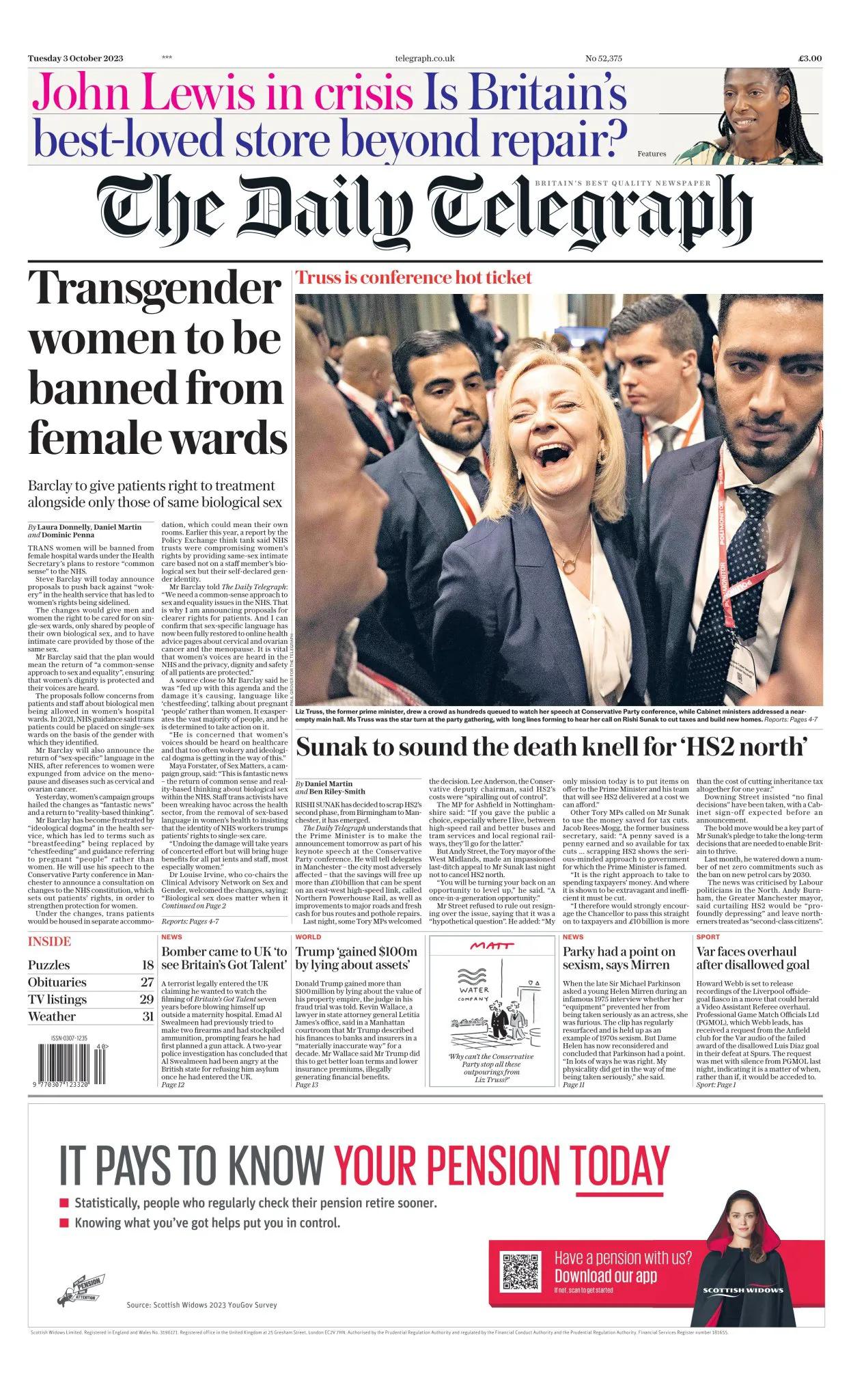 #李文读报# 《每日电讯报》在头版刊登照片报道，英国前首相特拉斯成为了本届保守党