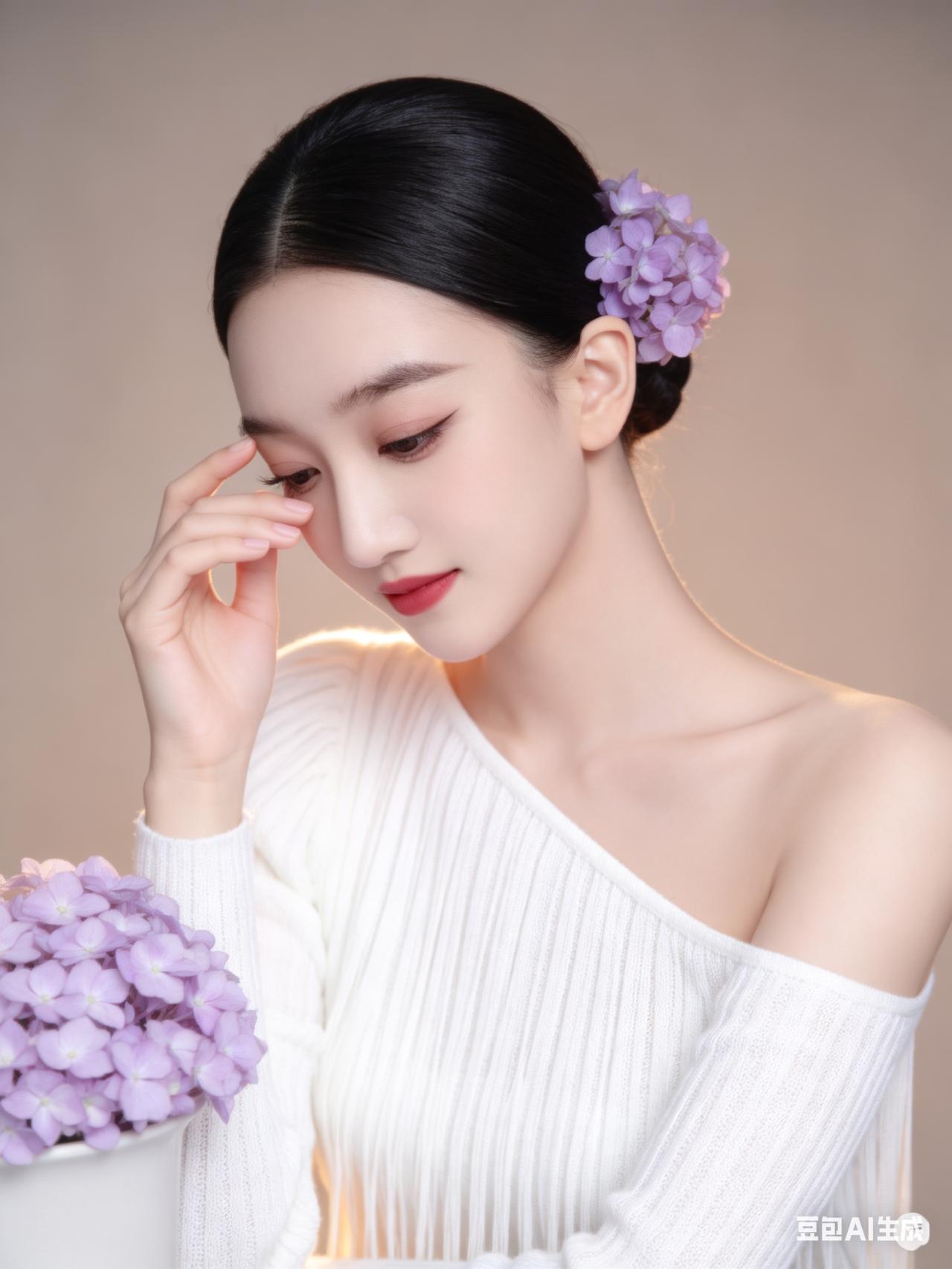 精致女人黑色高盘发整洁顺滑，侧饰紫色绣球花，清透瓷感肌，着白色垂坠针织露肩一字领