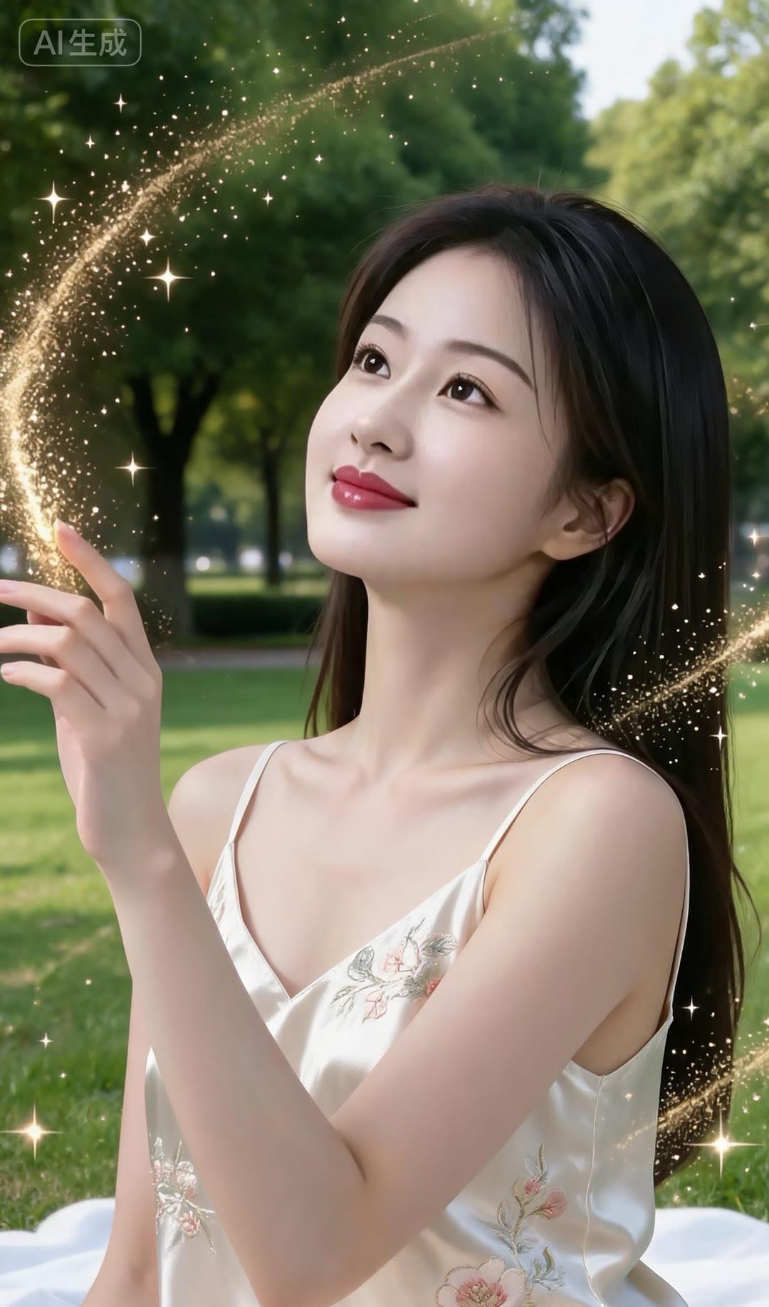 梦幻仙境中的少女，轻触星光，感受自然的美好。