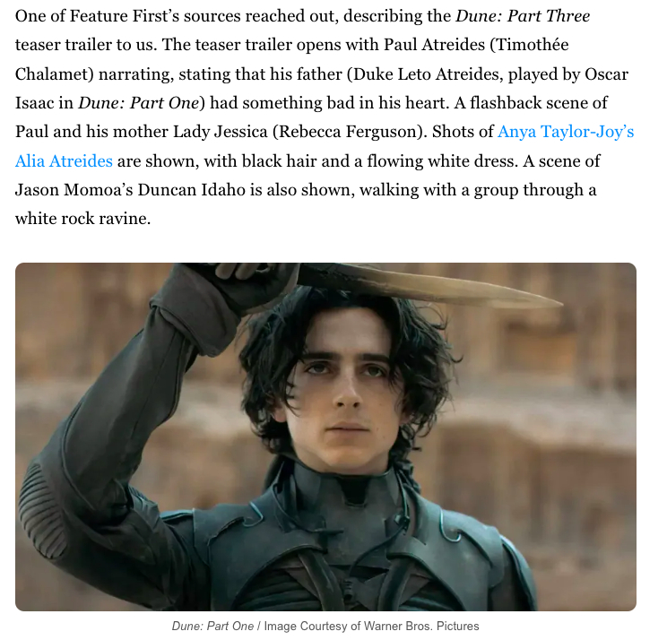 TNABO 厄拉科斯博物院流出了一段《沙丘III》预告描述，据说是可能马上发布的