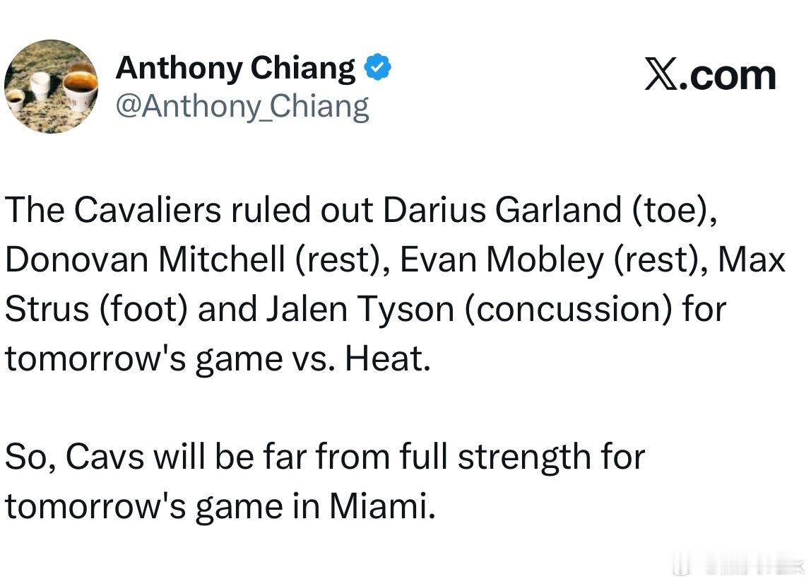 明天骑士三大主力缺阵，米切尔（轮休）缺阵；莫布利（轮休）缺阵，加兰（左脚大脚趾伤