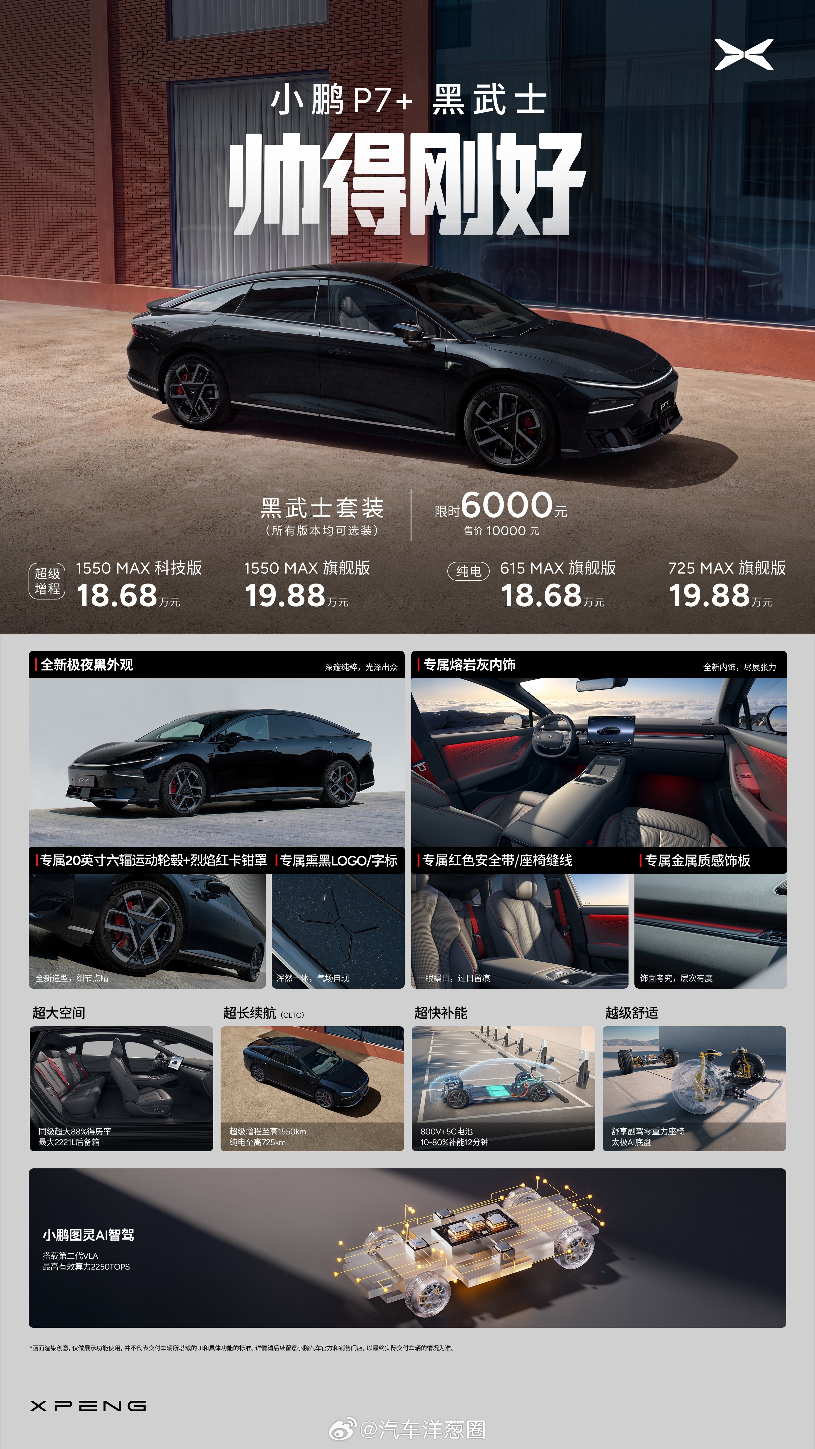 小鹏P7+出了个黑武士套装限时6000元选装重点看有什么：·专属极夜黑车漆搭配熔