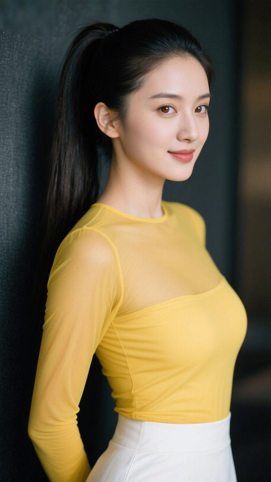 《黄衫载满春日柔》
 
明黄薄衫配利落马尾，像把整季春日的柔亮都织进了衣衫里。