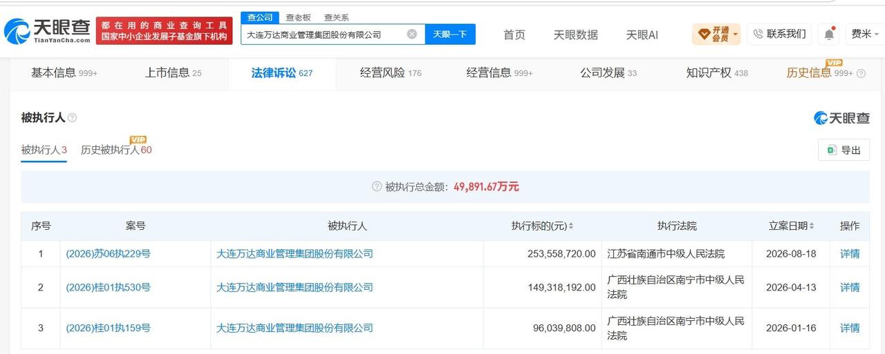 【大连万达商管等被执行2.5亿 大连万达商管已被多次执行】
天眼查法律诉讼信息显