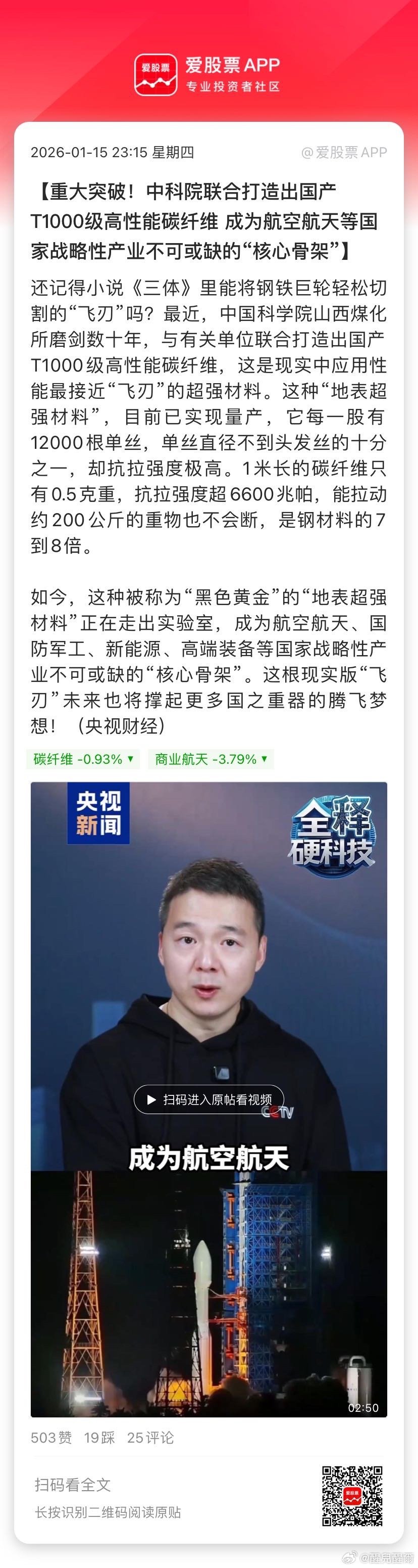 【重大突破！中科院联合打造出国产T1000级高性能碳纤维 成为航空航天等国家战略