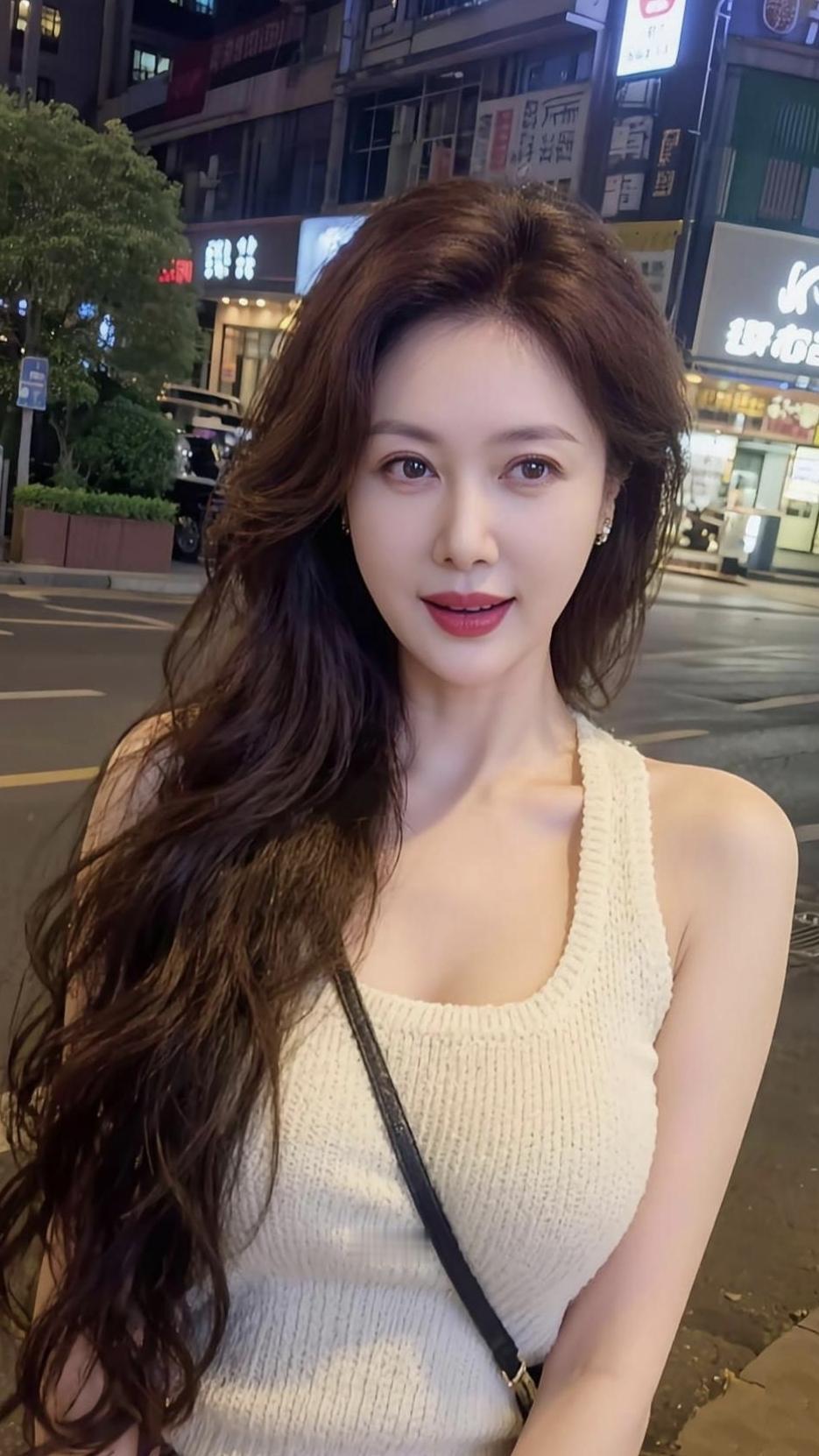 夜晚街头的温柔少女，白色背心搭配黑色肩带，散发着迷人的魅力。