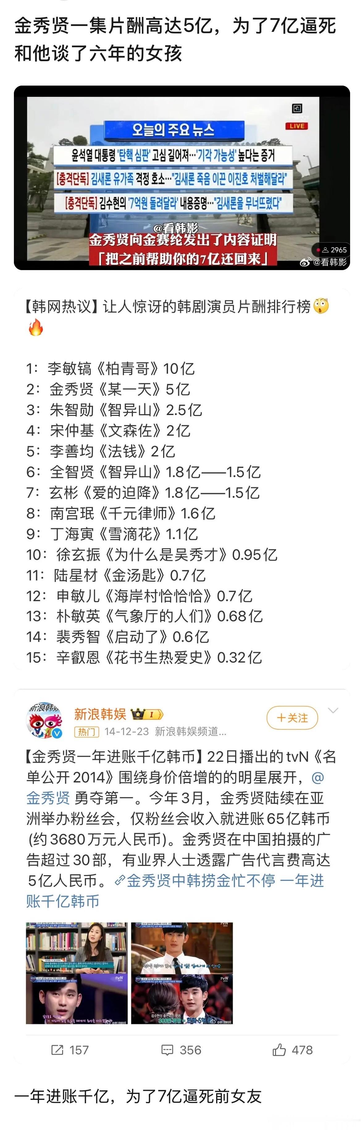 金秀贤一年进账千亿韩元，甚至一集片酬高达5亿韩元，为了7亿逼死和他谈了六年的女孩