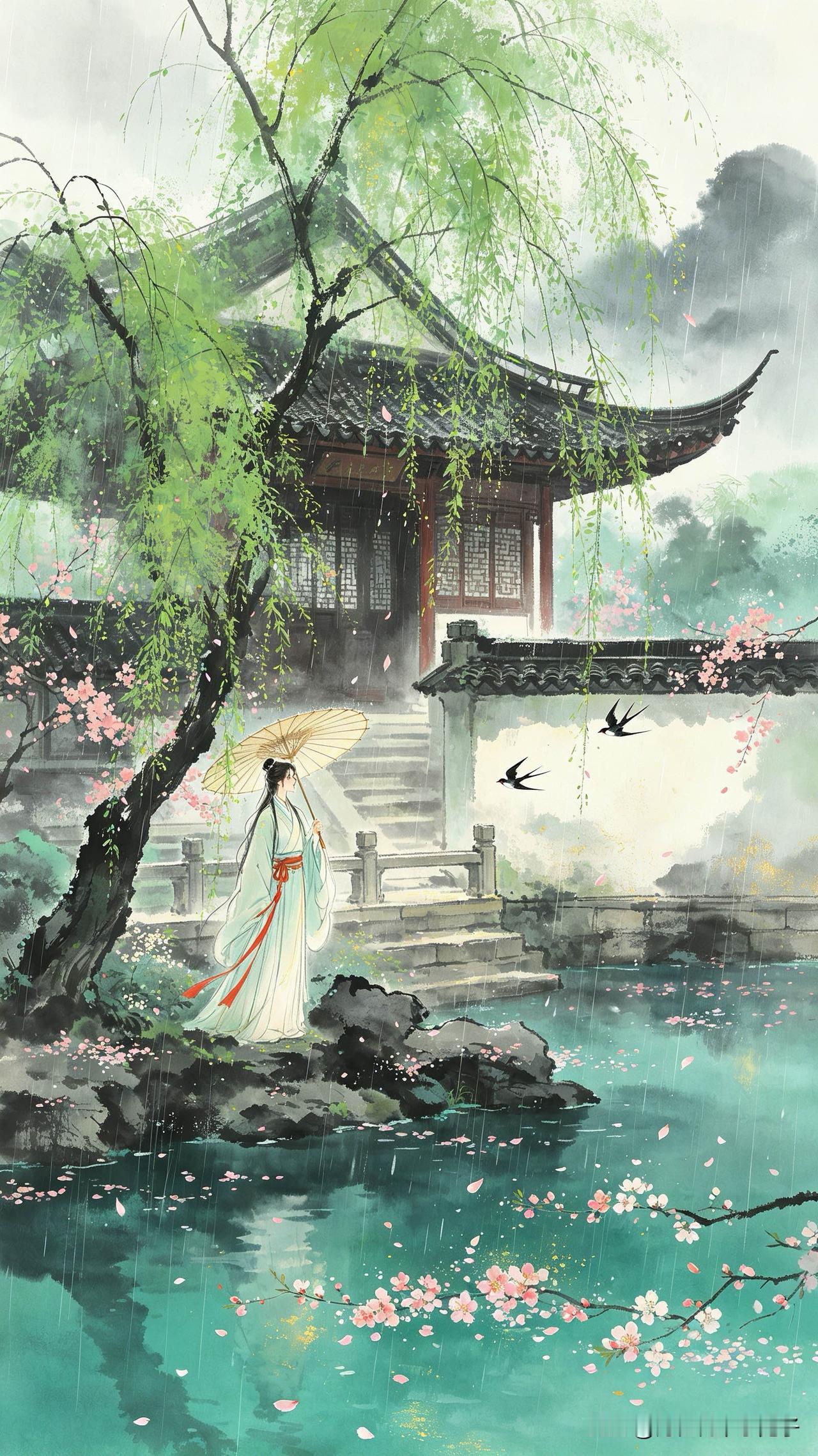 蒙蒙烟雨锁重楼，
柳色青青映碧流。
燕子不知春已去，
        
…………