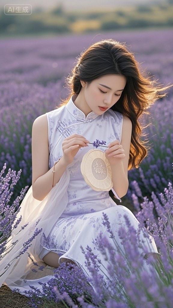 在薰衣草田中，她如梦似幻，宛如画中仙子。