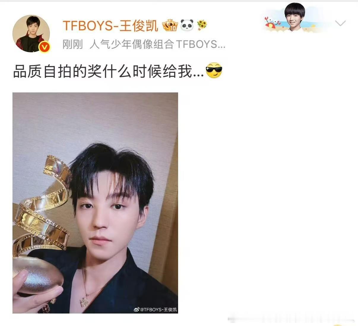 粉丝为王俊凯颁发品质自拍奖王俊凯想要王俊凯得到 小凯想要品质自拍奖，粉丝：安排！
