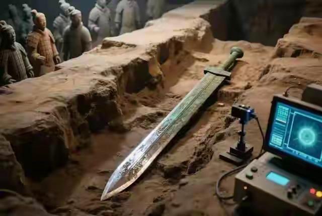 秦始皇陵出土的青铜剑暗藏玄机，被150公斤陶俑压弯千年，移除后竟瞬间反弹平直，其