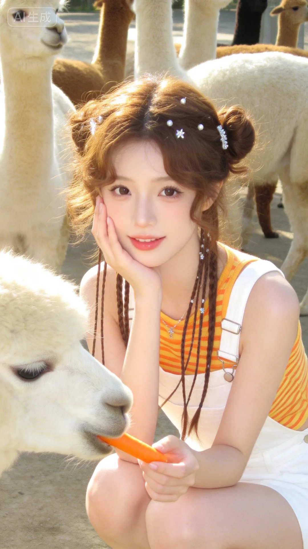 东亚美少女，唯美高清全身照，冷白皮，美艳无双，风情万种，棕色卷发做慵懒...