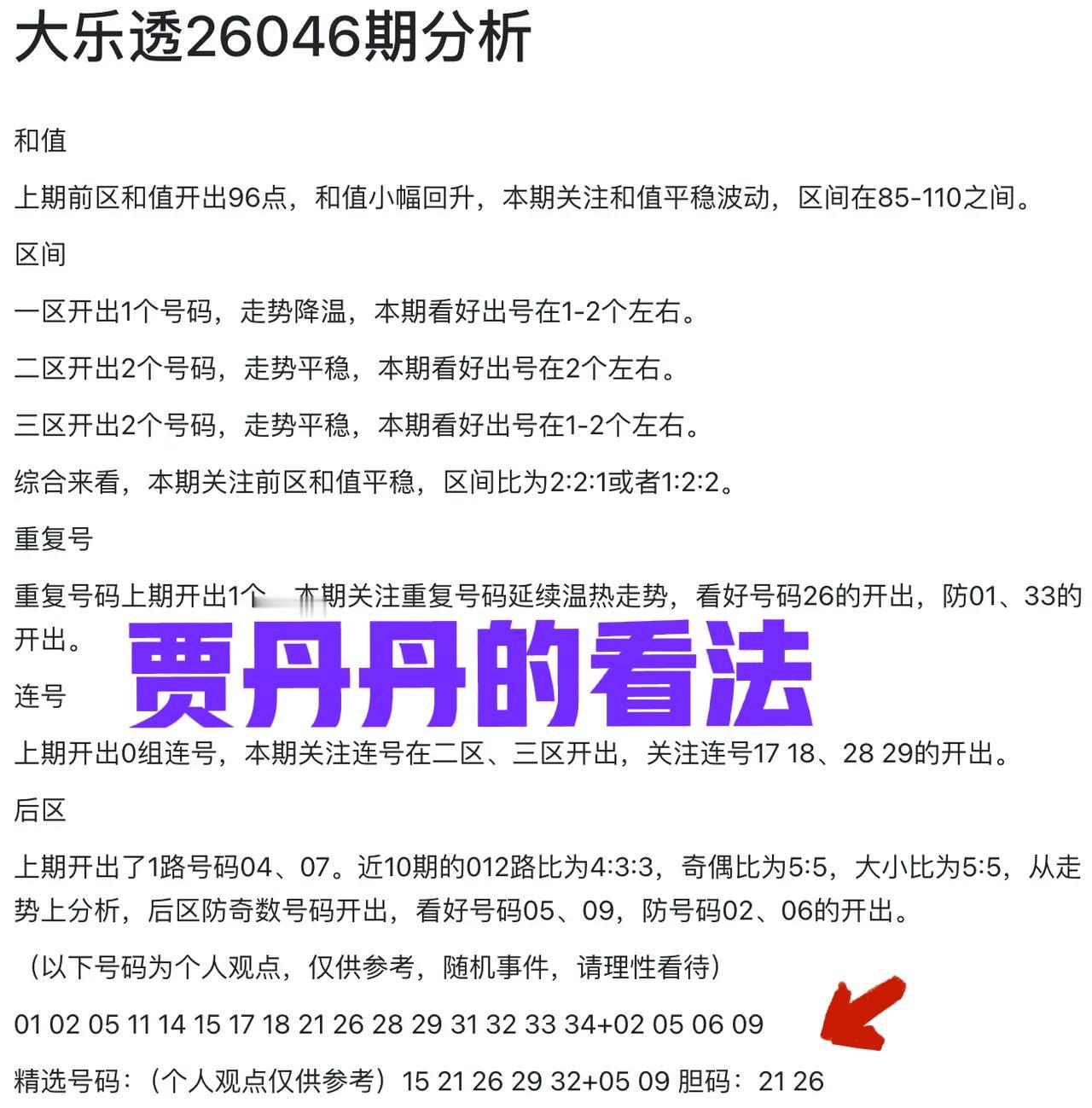 贾丹丹的看法有点别致，胆码居然都是重复号码，难道真有这么巧的事儿？