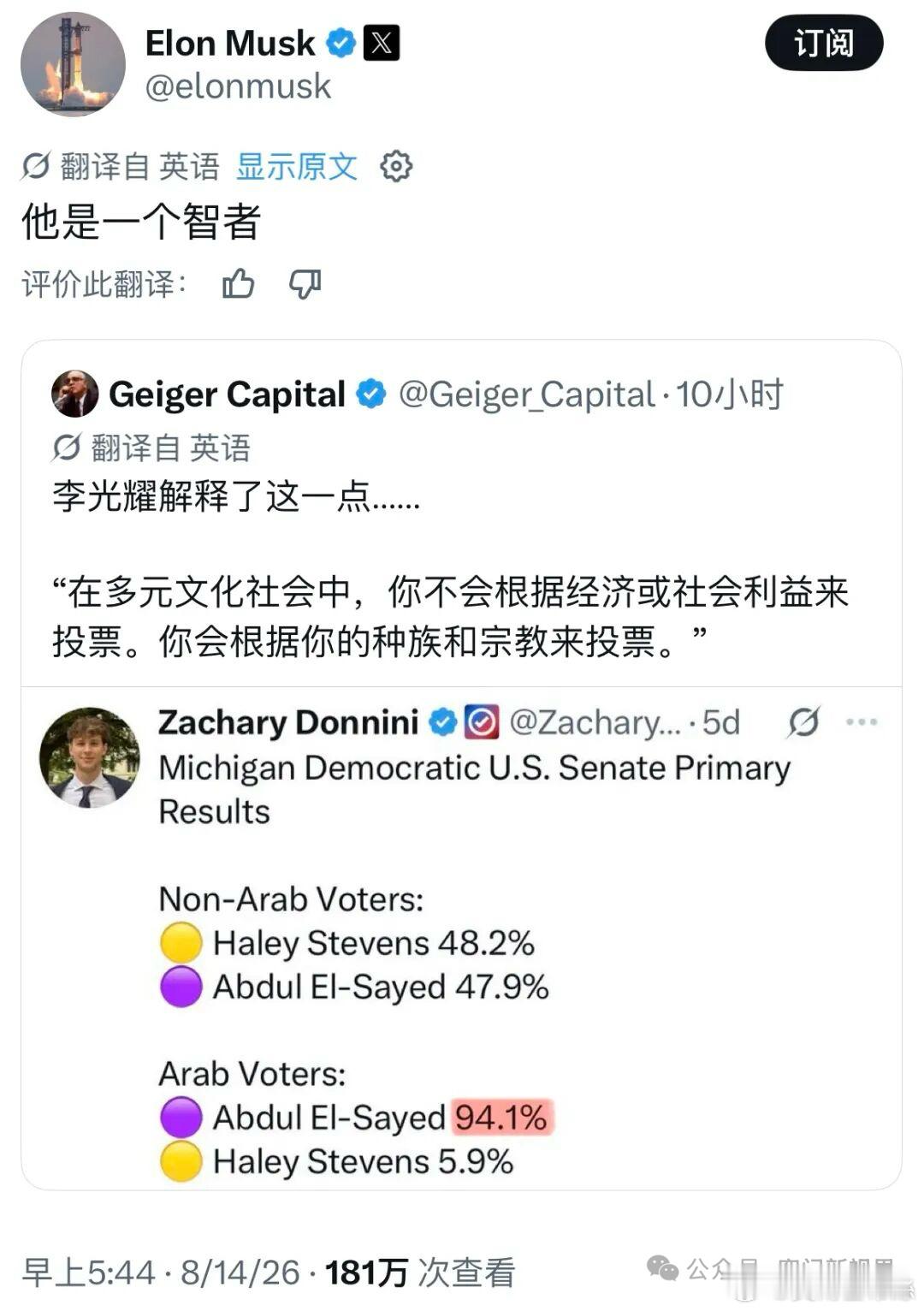一位網友在X上公佈了美國密歇根州民主黨參議院初選的數據：阿拉伯裔選民把94.1%