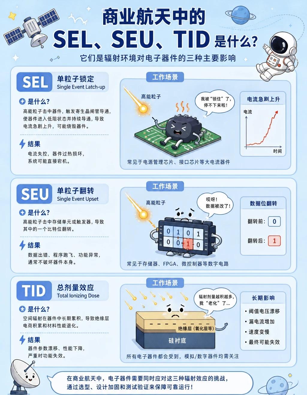 SEL/SEU/TID一次讲清！芯片上太空3大威胁
太空辐射，主要靠这3招“攻击