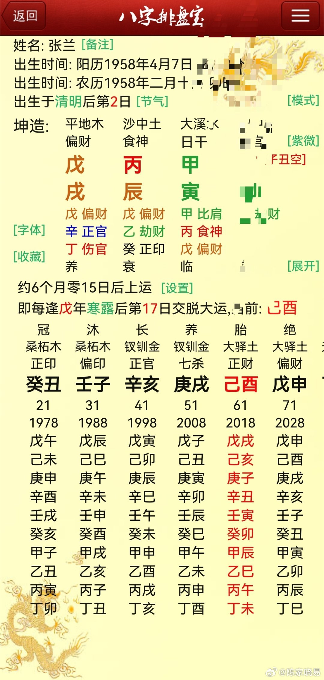再回头看看张兰的八字过往，虽然她前三柱只有一个辛金，可能土太旺了，土会源源不断去