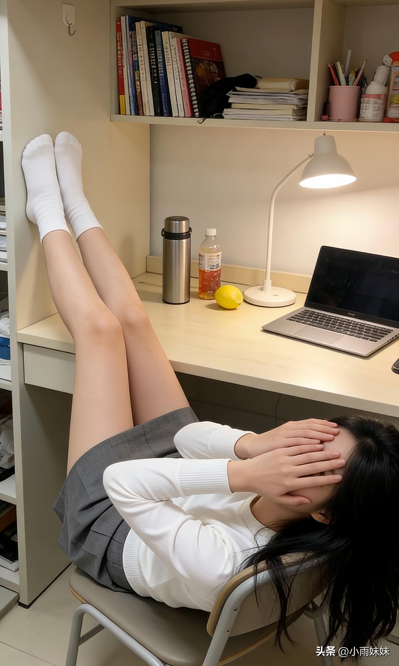 疲惫的课间小憩，脚翘在书桌上，享受片刻宁静。📚💤