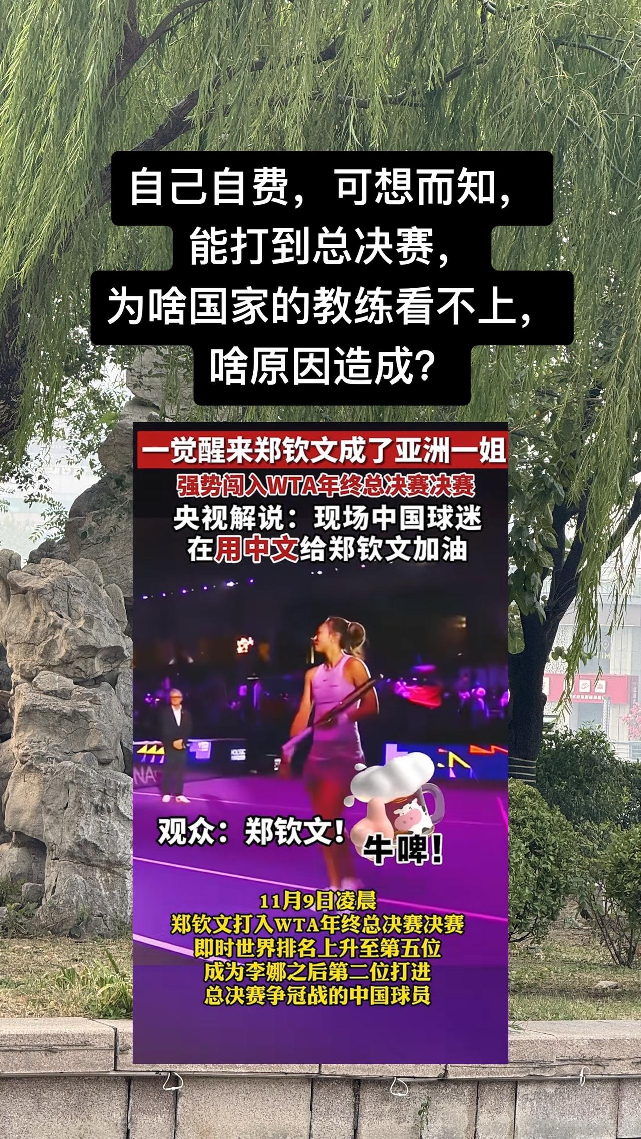 #郑钦文进决赛将战高芙 

自己自费，能打到总决赛，为啥国家的教练看不上，啥原因