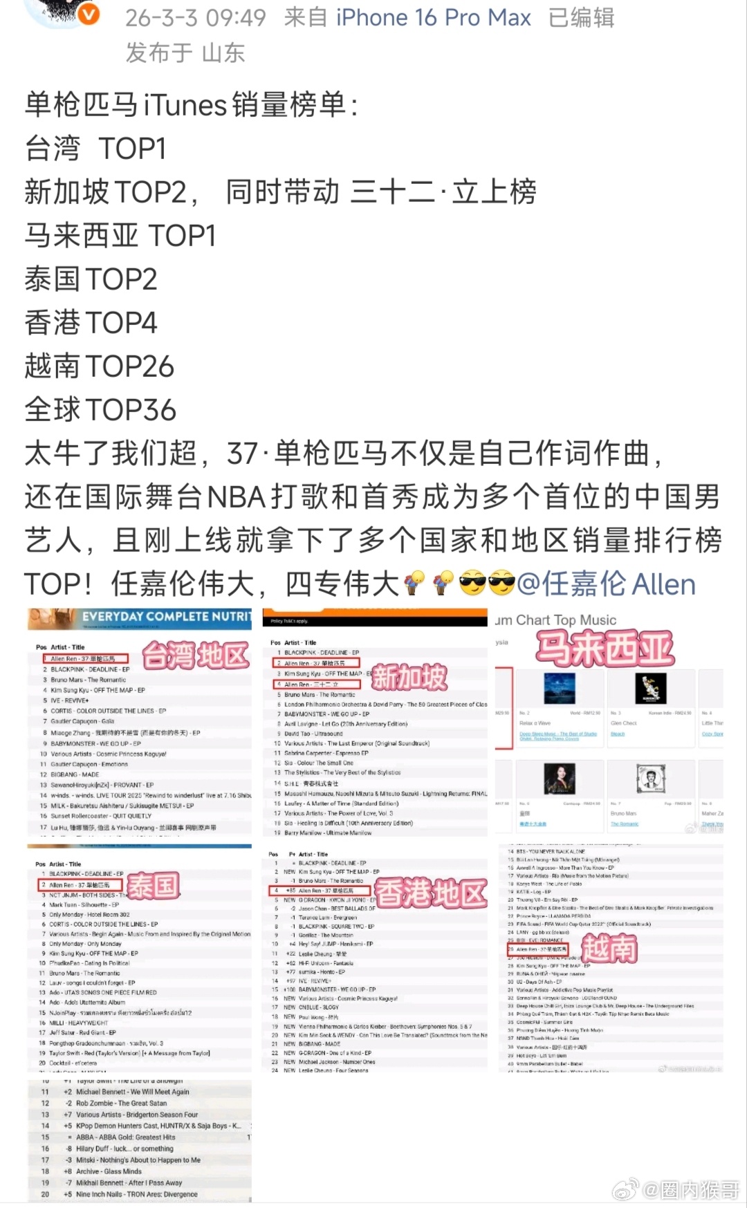 任嘉伦的专辑37·单枪匹马不仅在台湾地区拿下销量top1、新加坡拿下top2，其