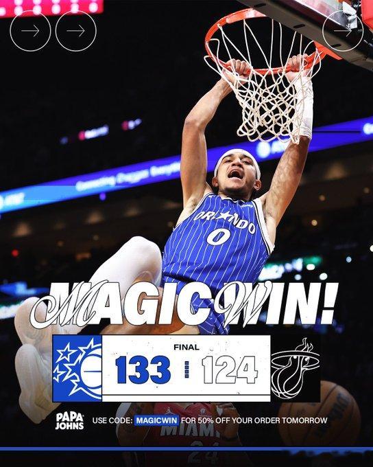 魔术逆转热火 魔术133-124逆转热火取胜，魔术半场落后，第三节净胜20分逆转