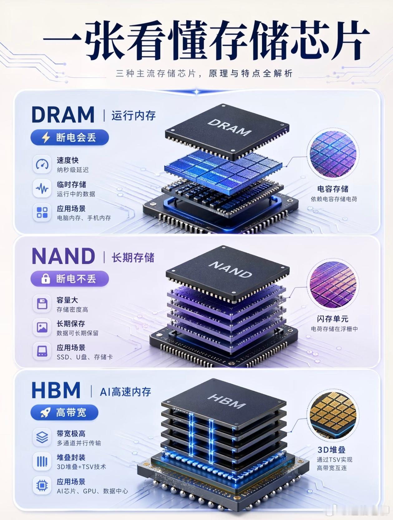 一图看懂 DRAM、NAND、HBM 三种类型芯片的区别！目前AI 训练用的 H