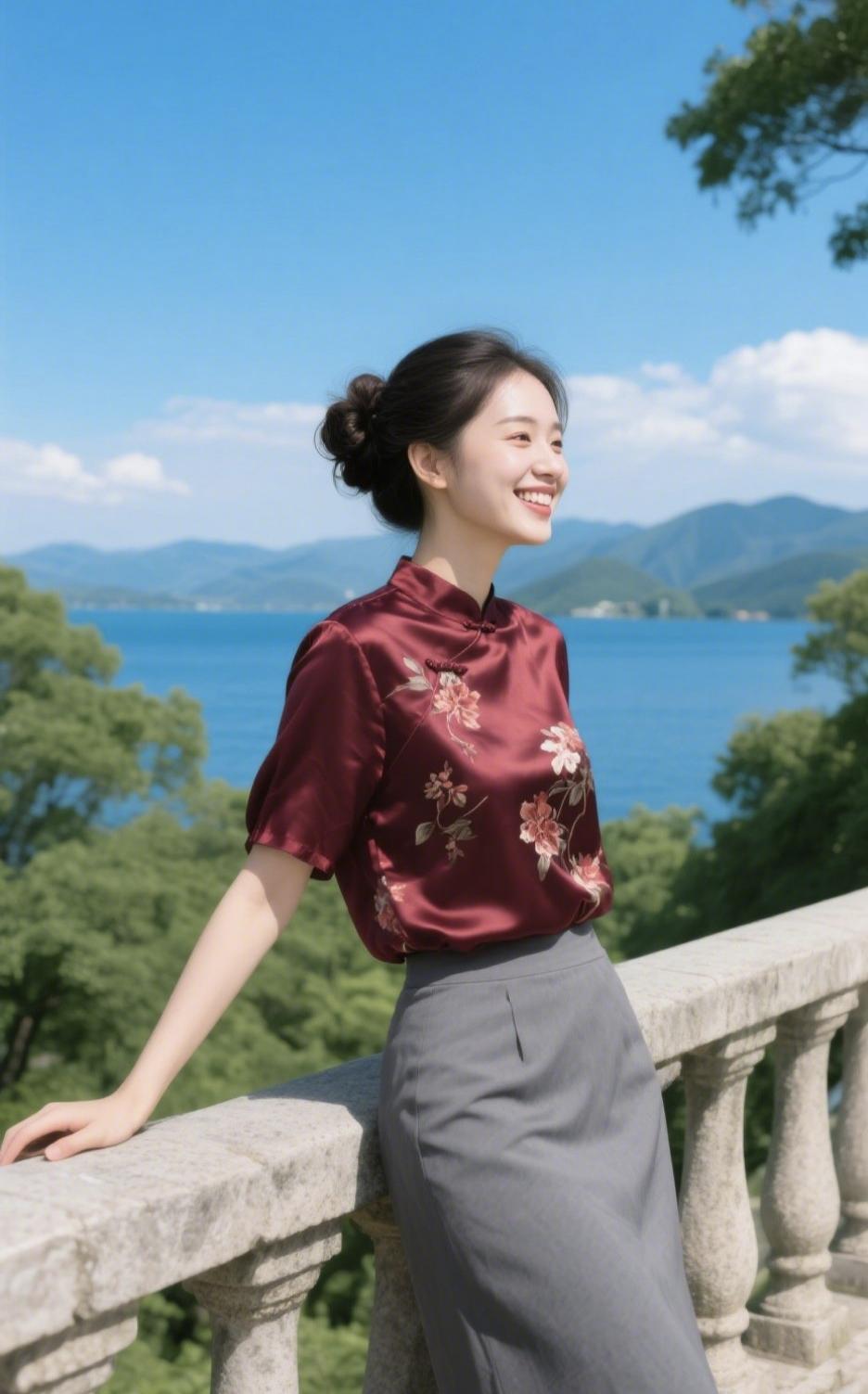 《湖山旗影》
 
朱缎裁成半袖凉，盘扣轻凝一缕香。
云鬓挽成春月样，笑靥融在水天