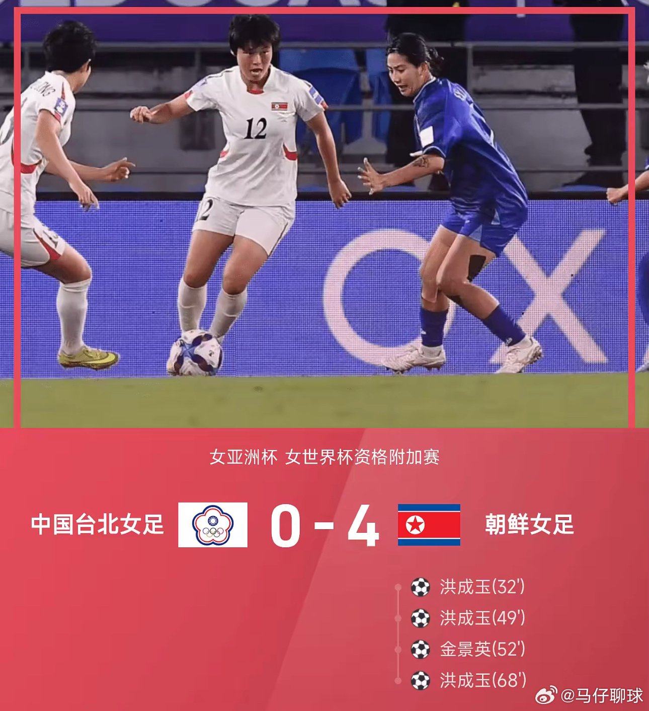 03月19日讯 女足亚洲杯的世界杯资格附加赛，朝鲜女足4-0战胜中国台北女足。上