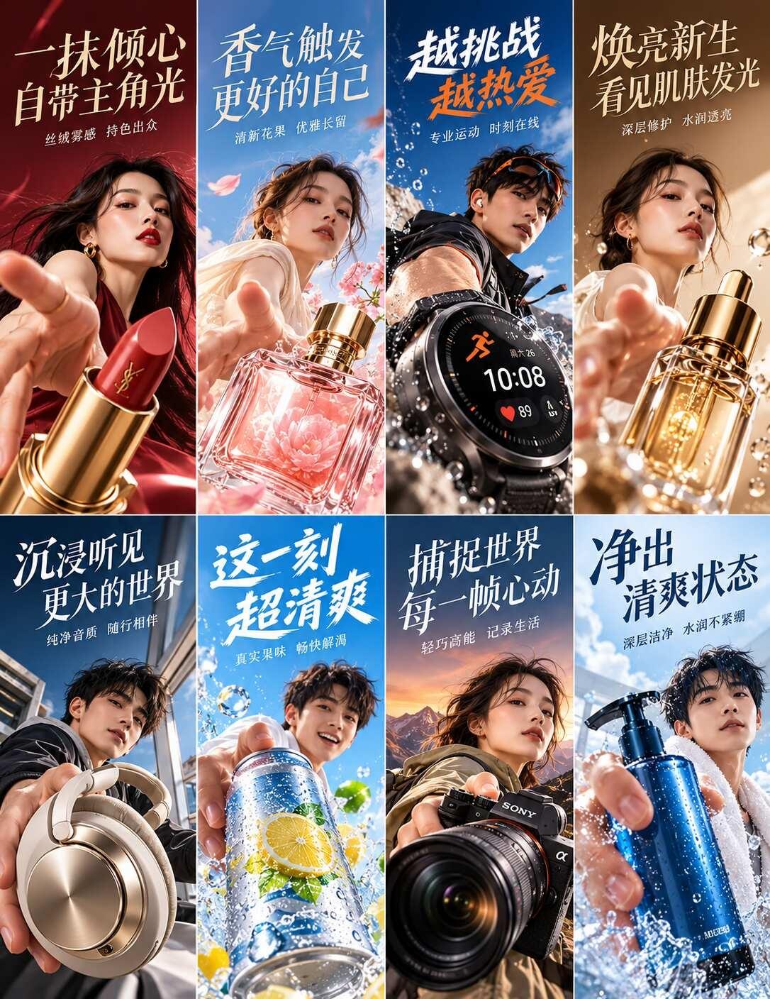 AI一键生成电商主图｜高级感品牌海报✨
统一高级商业广告质感，人物伸手向前的构图