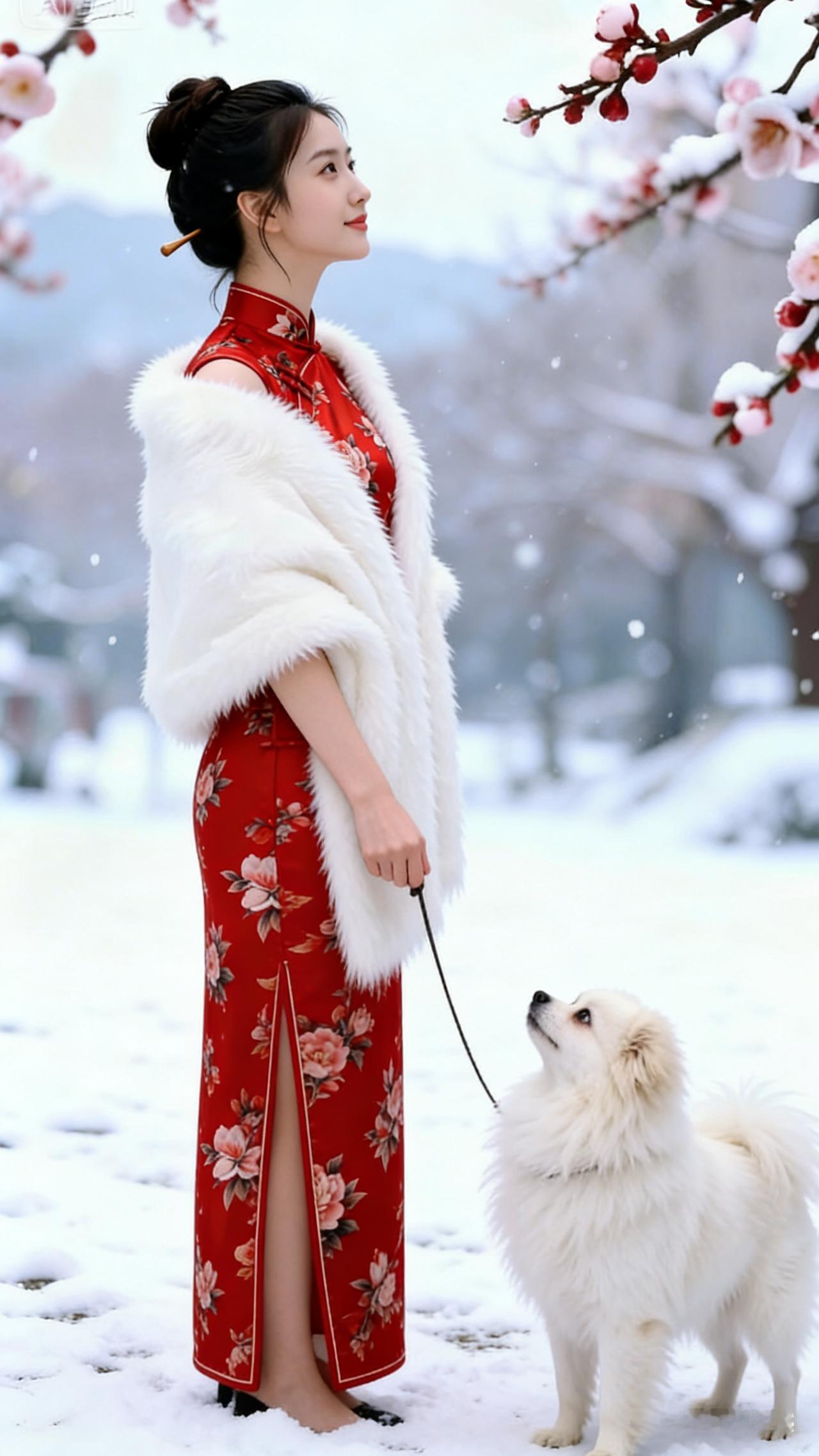 美人着红旗袍，披雪白狐狸毛披肩，手牵小狗立雪地，眉眼含笑望红梅，身姿窈窕，雅致动