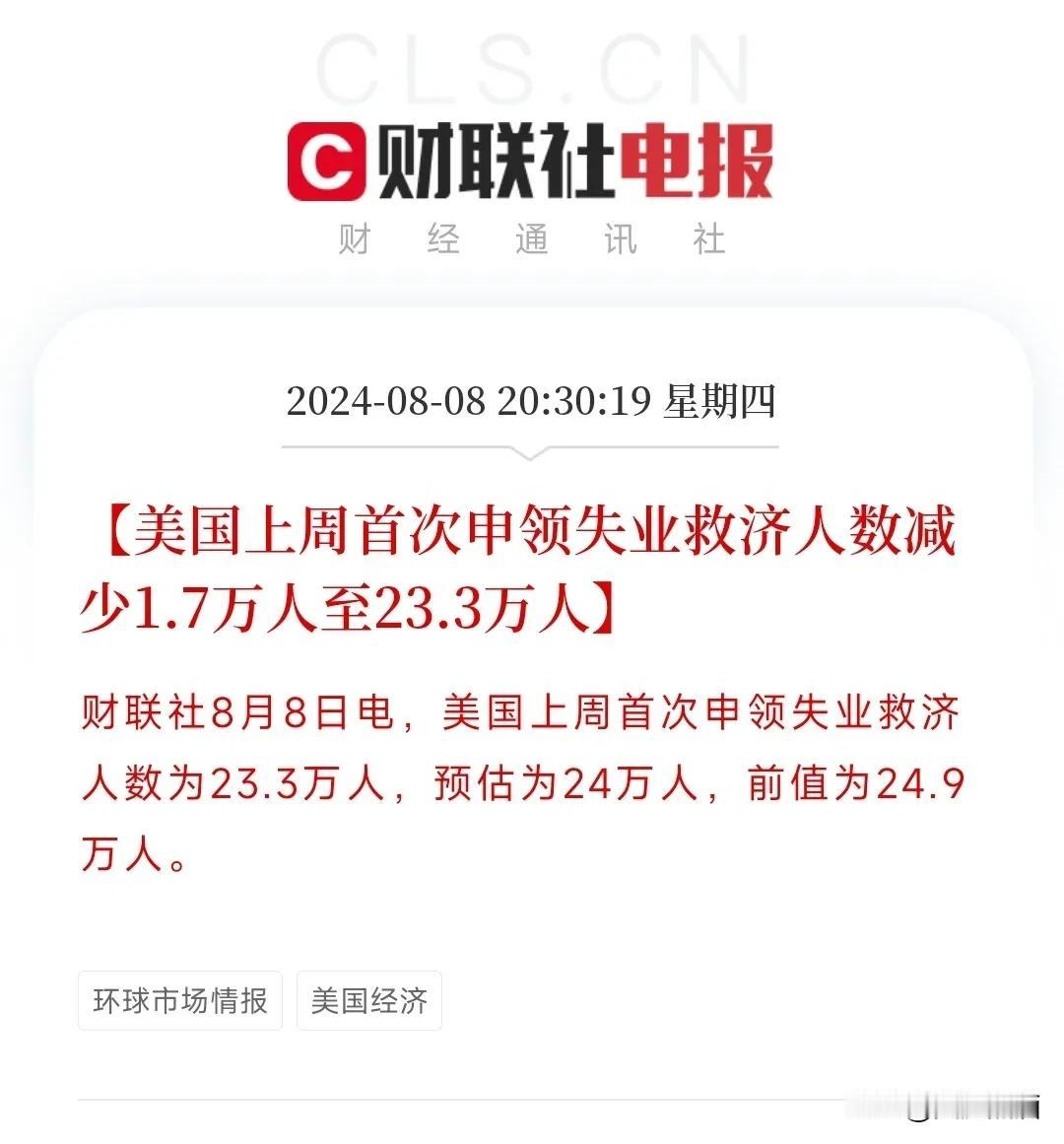 数据大超预期！衰退风险暂缓，美股期指集体上涨！刚刚美国公布了上周首次申领失业救济